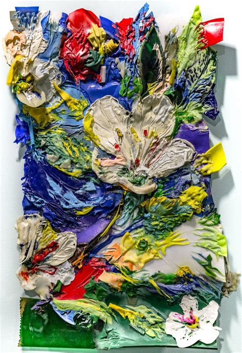 Black ants searching and carrying food near two plastic flowers on the ground. The Flowers, Me, Fused Plastic Wastes, 2017 : Art