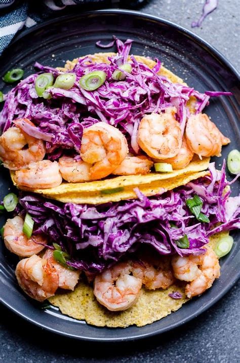 We like to serve these fish tacos with cabbage slaw in the sturdy texture of corn tortillas, but you can use flour tortillas. Easy Shrimp Tacos Recipe with red cabbage coleslaw and ...