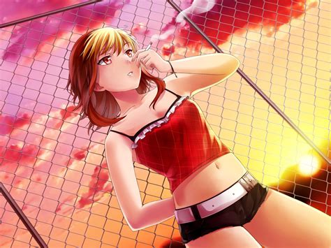 One of the main distinguishing features of anime (and consequently manga) is that it is a visual abstraction, stylization and exaggeration. anime girls, Anime, Shorts, Smoking, Sunset, Navels, Hunie ...