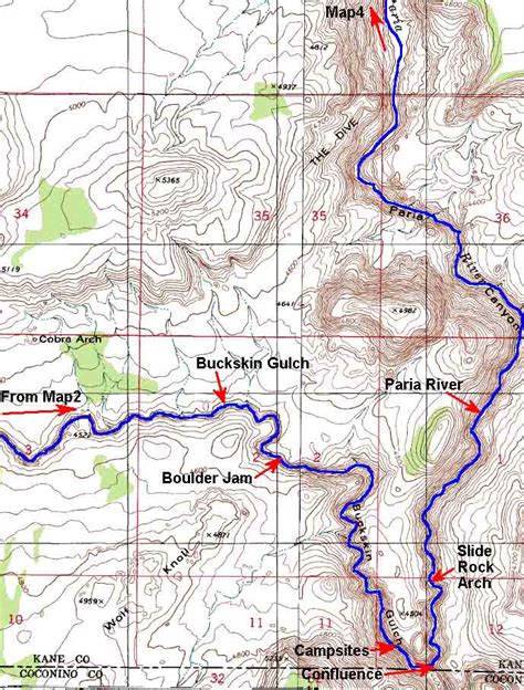 In both buckskin gulch and the paria narrows navajo sandstone soars hundreds of feet above the canyon floor sometimes reflected in the coffee colored river below. Buckskin Gulch - Map