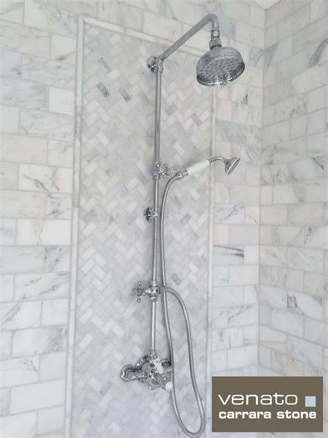 The white marble countertop features gray veins that give it all the charm of classic carrara marble, with a porcelain undermount sink and holes to install an 8'' faucet built right in. Carrara Venato Shower | Marble showers, Marble bathroom ...