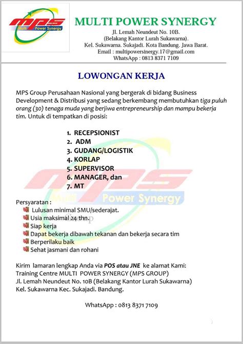 .ekspedisi membutuhkan kurir untuk wilayah bandung,diutamakan domisili bandung dan sekitarnya walk in interview. Lowongan Kerja Multi Power Synergy Bandung (MPS) Desember 2017 - Info Lowongan Kerja Bandung ...