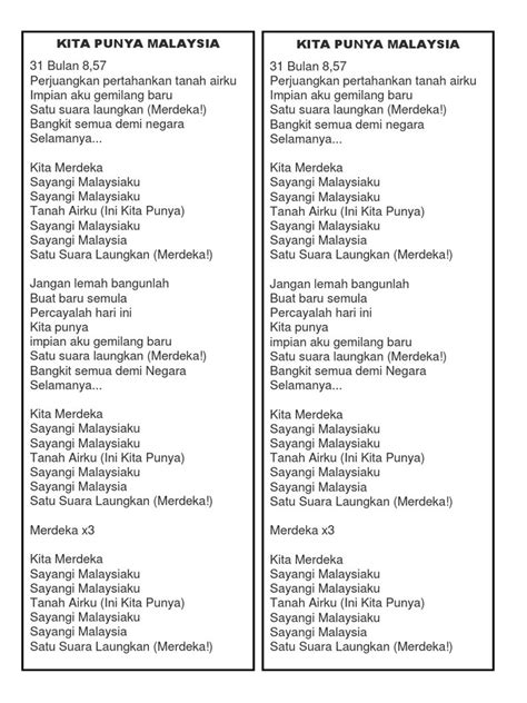 31 bulan 8,57 perjuangkan pertahankan tanah airku impian aku gemilang baru satu suara laungkan (merdeka!) bangkit semua demi negara selamanya… kita merdeka sayangi malaysiaku sayangi malaysiaku tanah airku. Lagu Kita Punya Malaysia Minus One