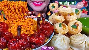 ASMR CURRY FIRE NOODLES, CHICKEN LOLLIPOP, PANI PURI, CHICKEN MOMO MASSIVE Eating Sounds