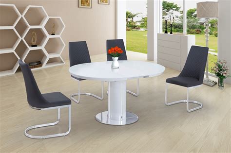 Shop our modern round dining tables online. Round White Glass High Gloss Dining Table and 6 Grey Chairs