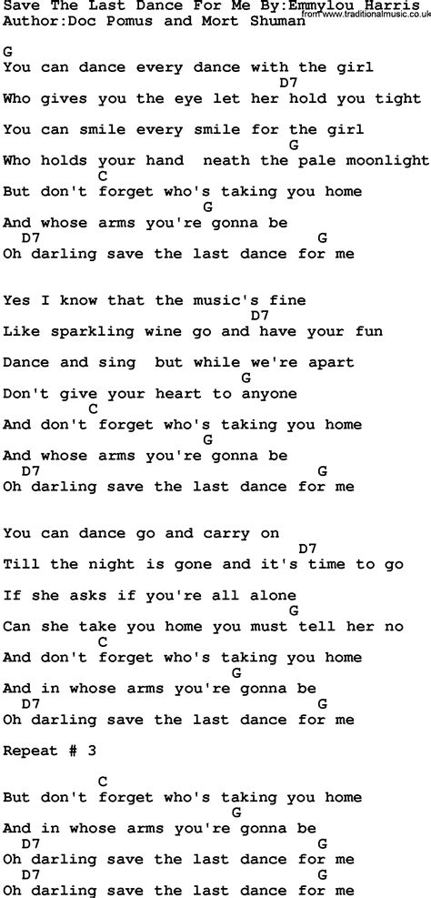 Let him hold you tight. Country Music:Save The Last Dance For Me By_emmylou Harris ...