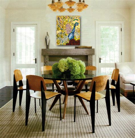 When it comes to the accessories, hang a classic, oversized drum shade and add a striped rug underfoot. Tasteful Dining Room Decorating with Peacock Art ...