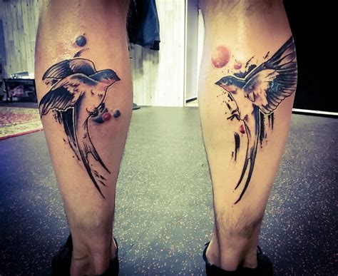 Look like a little bird, this swallow tattoo is linked to loyalty, wealth and long a great small swallow tattoo is trying to reach the heights. Swallow tattoo on calf's. Contemporary design | Calf ...