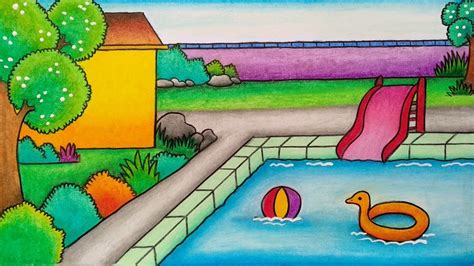 Cara menggambar pemandangan taman bermain dengan oil pastels. Menggambar kolam renang || Cara menggambar taman bermain ...