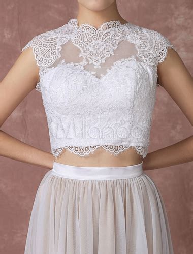 Mit hose oder einem hoch taillierten rock | gluecksboutique. Crop Top Spitze Hochzeitskleid hoch niedrig Tüll ...