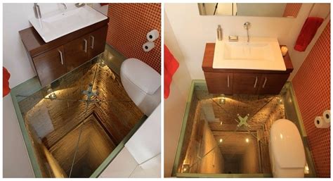 Glass floors can be either translucent or transparent. This glass floor bathroom built over an abandoned elevator ...