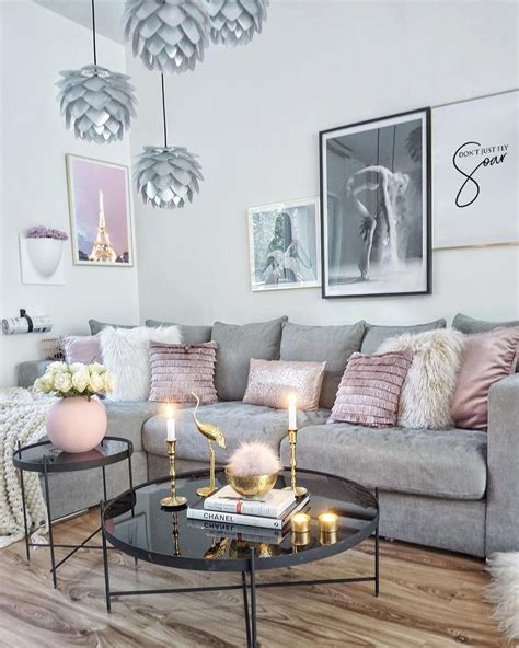 See more ideas about family room, home decor, home. powder pink cushions, pink velvet cushion grey velvet sofa, gold accents, d… | Small apartment ...