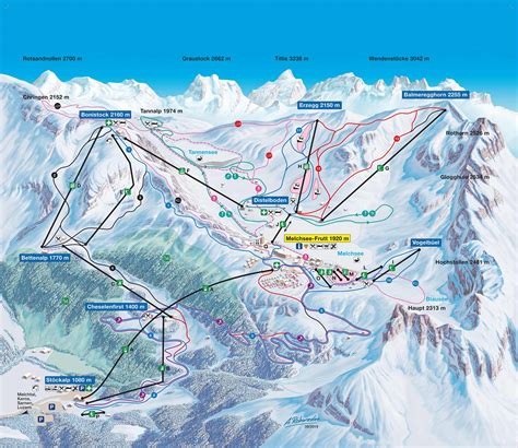 There are 20km of blue, 6km of red and 10km of black slopes serviced by 14 lifts. Melchsee - Frutt - Plan des pistes de ski Melchsee - Frutt