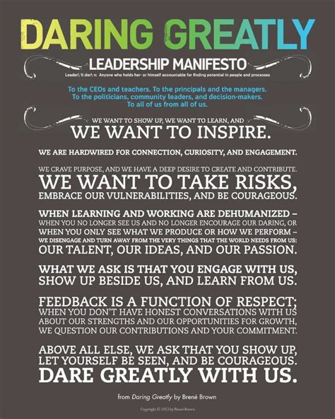 How the courage to be vulnerable transforms the way we live, love, parent. Daring Greatly Leadership Manifesto by Brené Brown | Brene ...