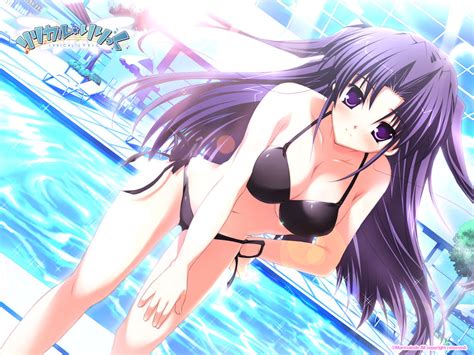 After all, you're on the internet. takami rin, lyrical lyric, game cg, 1girl, bent over, bikini, breasts, cleavage, hand on thigh ...