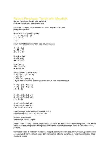 Kita boleh tahu tarikh lahir kita dalam bulan islam dan boleh calculate berapa lama dah kita hidup kat dunia ini. Rahsia Pengiraan Tarikh Lahir Metafizik