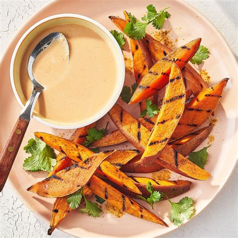 Sweet potatoes make the perfect shoestring potatotes. Grilled Sweet Potato Wedges with Peanut Sauce | Recipe in ...