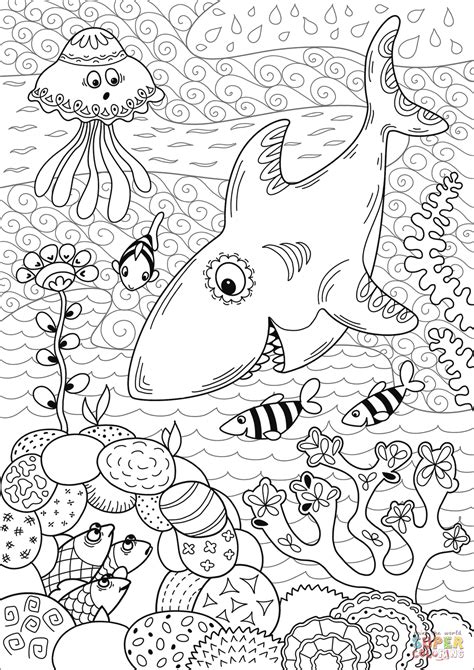 All coloring pages » animals » cnidaria » coral » soft coral. Shark Hunting in Coral Reef coloring page | Free Printable ...