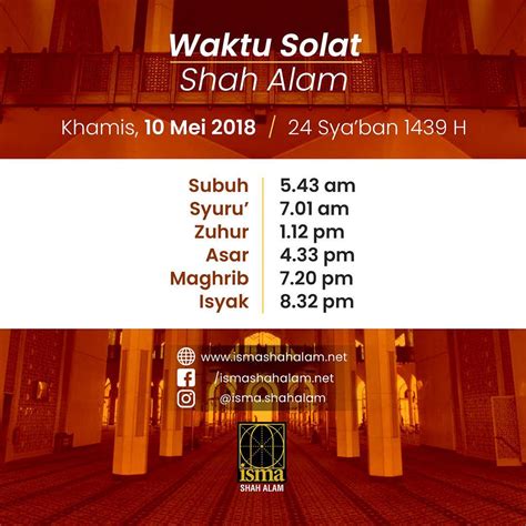 Waktu sholat isya' adalah dimulai sejak selesainya waktu sholat maghrib hingga terbitnya waktu fajar sebagai pertanda waktu masuknya sholat shubuh. Waktu Solat Subuh Shah Alam