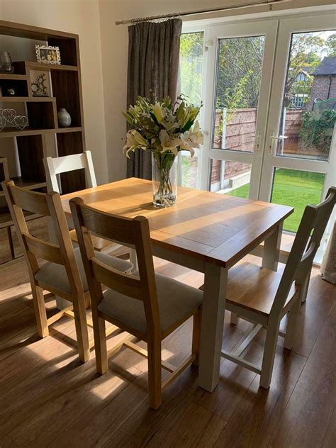 Dining room set of 6 yumiko chairs and extendable dining table kitchen modern solid wood w/padded seat, white color with light gray cushion $599.99 $ 599. 6 seater extendable dining table with chairs and bench | in Prestwich, Manchester | Gumtree