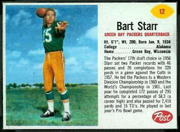 Bart starr at pro football reference. Bart Starr - 1962 Post Cereal #12 - Vintage Football Card Gallery