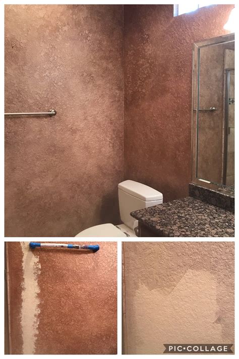 Measure from the top of the base cabinet 19½ inches, using a tape measure, and draw a mark the wall. This bathroom required a drywall repair. The wall was painted with a base color, metallic ...