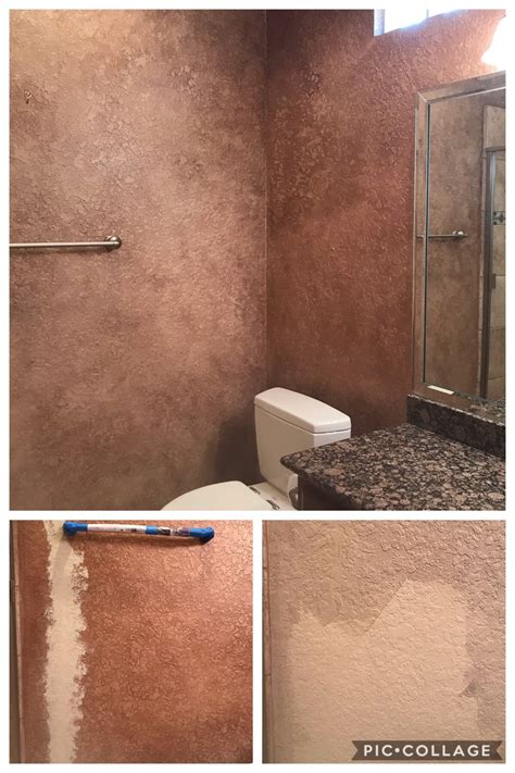 This bathroom required a drywall repair. The wall was painted with a base color, metallic ...