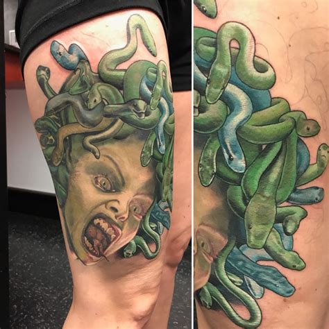 Grey snake tattoo on arm. waderogersart:medusa-leg-piece-full-color-portrait-full-color-horror-portrait-portraittattoo ...