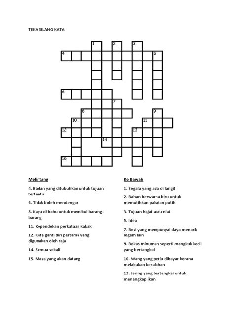 Biasanya dalam bentuk grid dengan petak segi empat, satu huruf ditulis dalam setiap. Teka Silang Kata