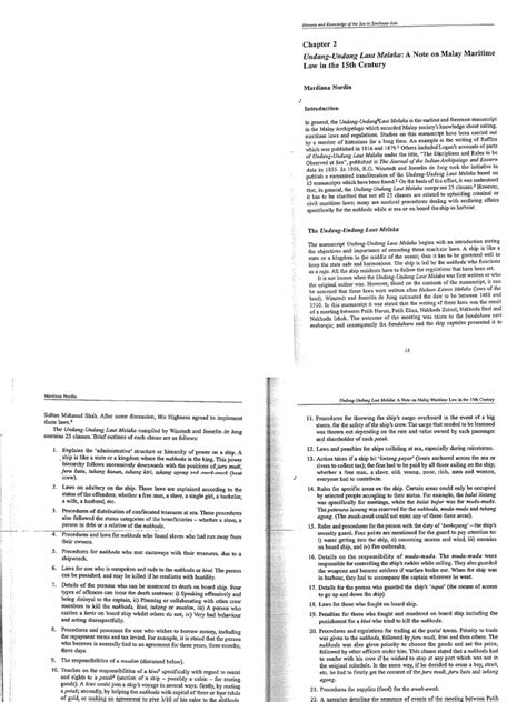 The first chapter explains about the administrative structure of. Undang-Undang Laut Melaka Malay Melayu Maritime Law