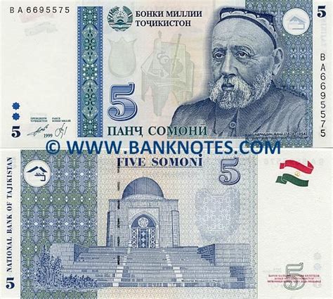 Tajikistan currency name and currency code, iso 4217 alphabetic code, numeric code, foreign currency, monetary units by country. Tajikistan 5 Somoni 1999 (2000) - Front: Coat of arms ...