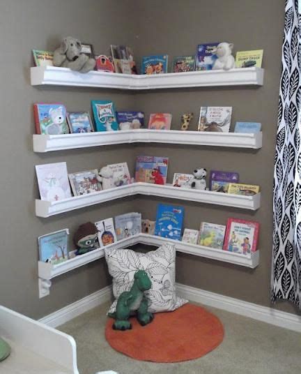 This bookcase has a stunning blue and red finish that makes it colorful and alluring. Rain Gutter Bookshelves | Gutter bookshelf, Shelves, Kids room