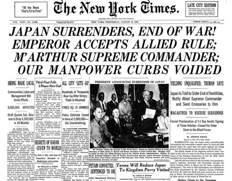 Current events and historic photos should be posted sparingly. New York Times front page, August 15, 1945: - Democratic ...