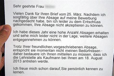 Abfuhr, ablehnende antwort, ablehnung, abschlägige antwort. Fiktiver Brief: Wie ein Bewerber nach der Absage einfach ...