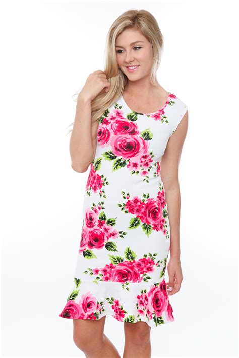 Maybe you would like to learn more about one of these? White Mark Pink Flowers 'Sonya' Ruffle-trim Shift Dress