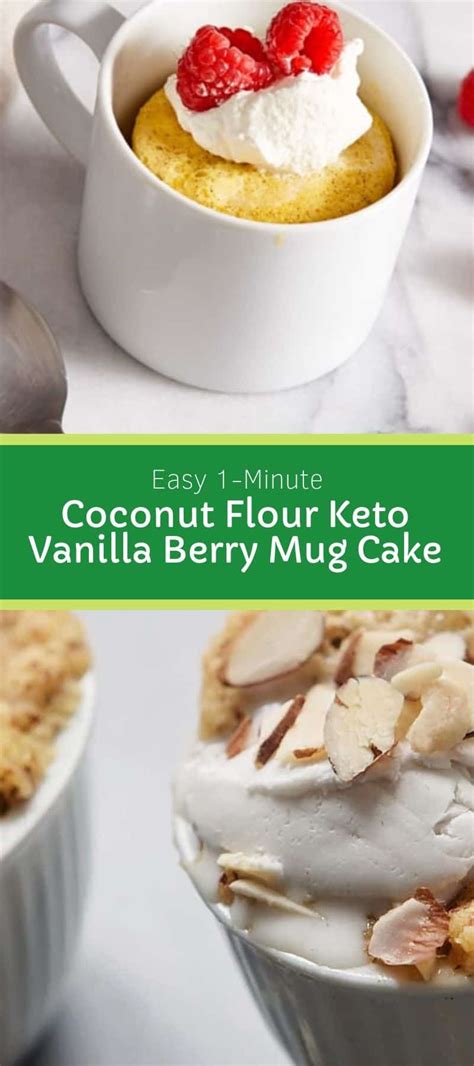 The perfect low carb, vegan cake to satisfy your sweet tooth! Easy 1-Minute Coconut Flour Keto Vanilla Berry Mug Cake - Grandma Linda's Recipes