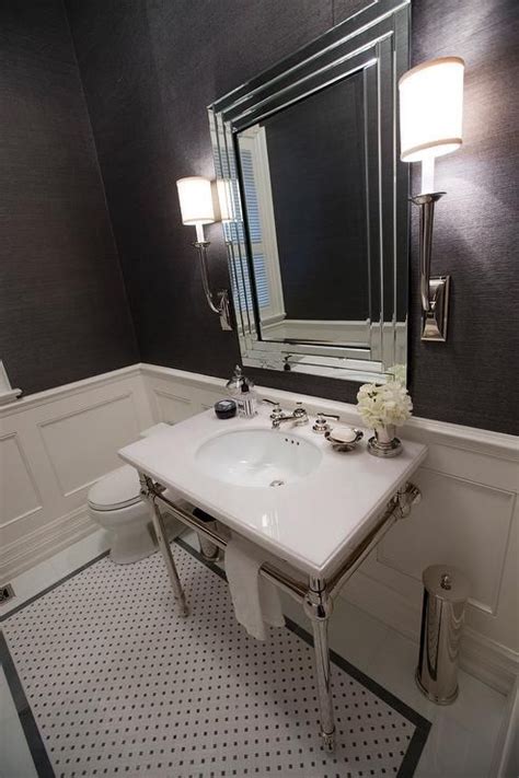Chair rail height for a traditional powder room with a bathroom. Bathroom, black with chair rail, | Grey bathroom storage ...