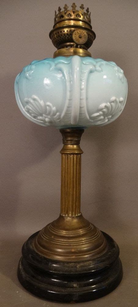 $225.0 antique ornate rare kosmos brenner oil lamp with glass chimney shade burner wick. 19thC Antique BLUE OPALESCENT Old PATTERN GLASS Kosmos ...