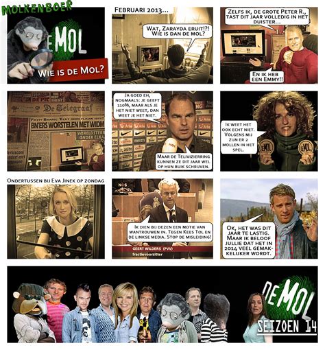 Het is de bedoeling dat je de mol ontmaskert en zoveel mogelijk punten scoort. Molkenboer, cartoons en illustraties: Fotostrip VARAgids ...