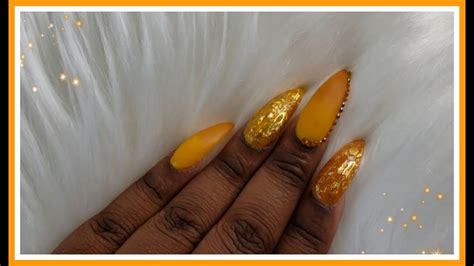 Since doing your acrylic nails is most definitely a process, we're here to walk you through it. Butterscotch color with gold foil nail design | How to do my own acrylic nails at home - YouTube