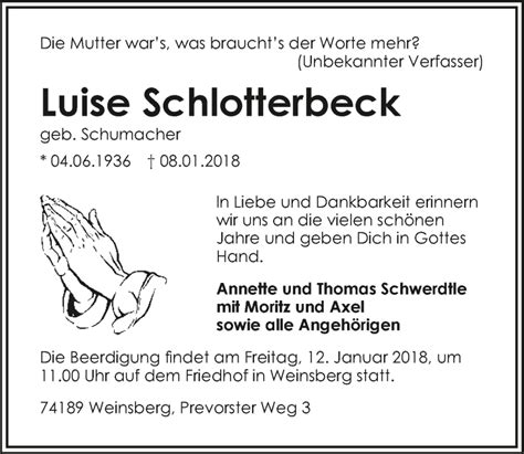 Check out his latest detailed stats including goals, assists, strengths & weaknesses and match ratings. Traueranzeigen von Luise Schlotterbeck | www ...