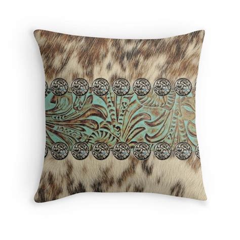 These luxury pillows add the perfect touch and texture to a room. 'Rustic brown cowhide teal western country tooled leather ...