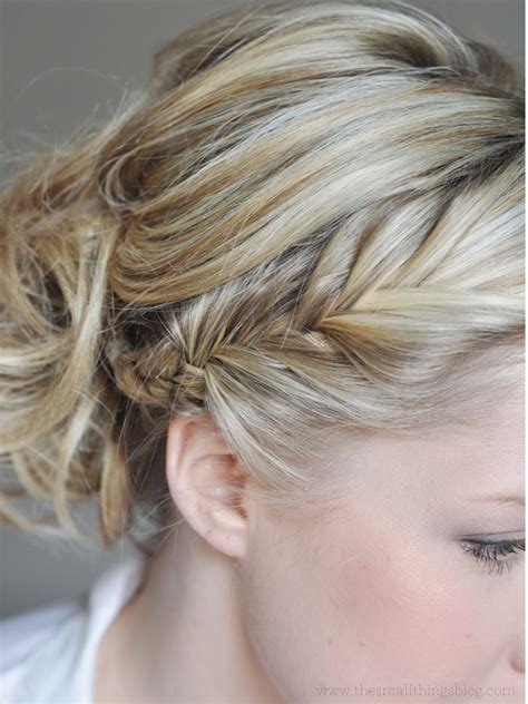 You can even braid a few strands and wrap them at the base of the space buns. French Fishtail to a Messy Bun Hair Tutorial - The Small ...