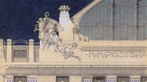 Xam74882 villa wagner, vienna, design showing the exterior of the house, built of steel and concrete in severe geometric style with deep blue panels and nailhead ornament, with below a plan of the house and grounds, 1913 (coloured pencil) by. Otto Wagner (1841 - 1918), Austrian architect: Austrian ...