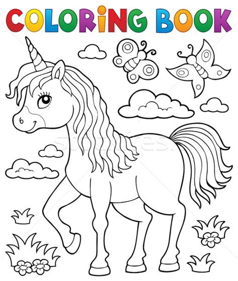 Plansa de colorat pagini cu desene unicorn 1 este disponibilă gratuit pentru imprimare și / sau descărcare. Coloring Book Happy Unicorn Topic 1 Vector Illustration