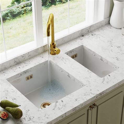 63 double bowl ledge undermount sink with bamboo cutting board and seamless drain #ledgesink #kitchensink. Astini Hampton 150 1.5 Bowl White Ceramic Undermount ...