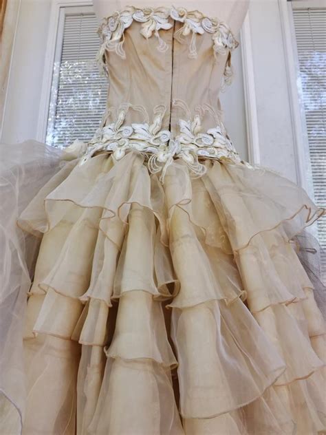 The bodice features deaded laces that interwine, working toward the center where a front plunge defines the feminine look. CUSTOM Handmade Wedding Dress Mini Plus Tail Beige Roses ...