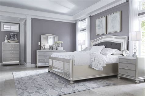 Set includes headboard, footboard, rails, dresser, mirror, and nightstand. Ashley Furniture Coralayne Silver 2pc Bedroom Set with ...