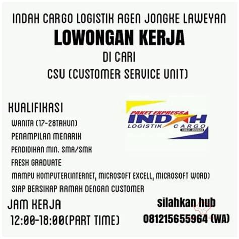 Aku chamdan imam bustomi > ‎info loker (kebumen). Lowongan Kerja CS Indah Cargo di Jongke Solo - INFO LOKER SOLO