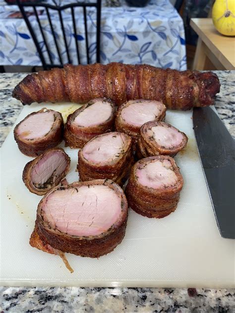 The bacon adds flavor and fat to the lean meat, making it juicy and flavorful. Bacon wrapped pork tenderloin - really easy - recipe in comments : Traeger